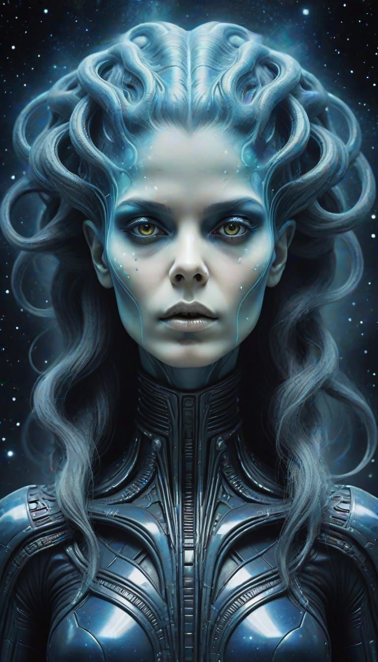 Cosmic Woman Portrait with Nebula Hair in HR Giger Style