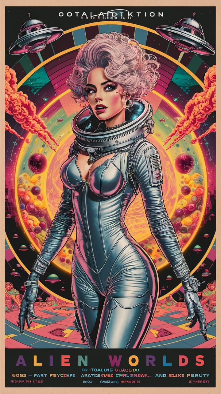 Retro Alien Worlds Movie Poster in Pop-Art Style