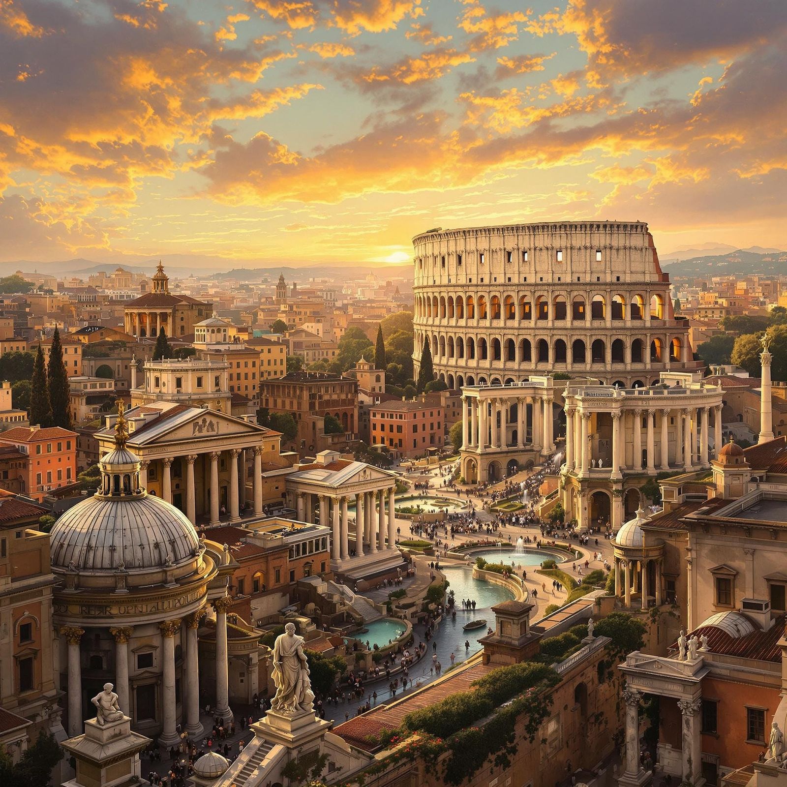 Ancient Roman Cityscape at Sunset in Classical Style