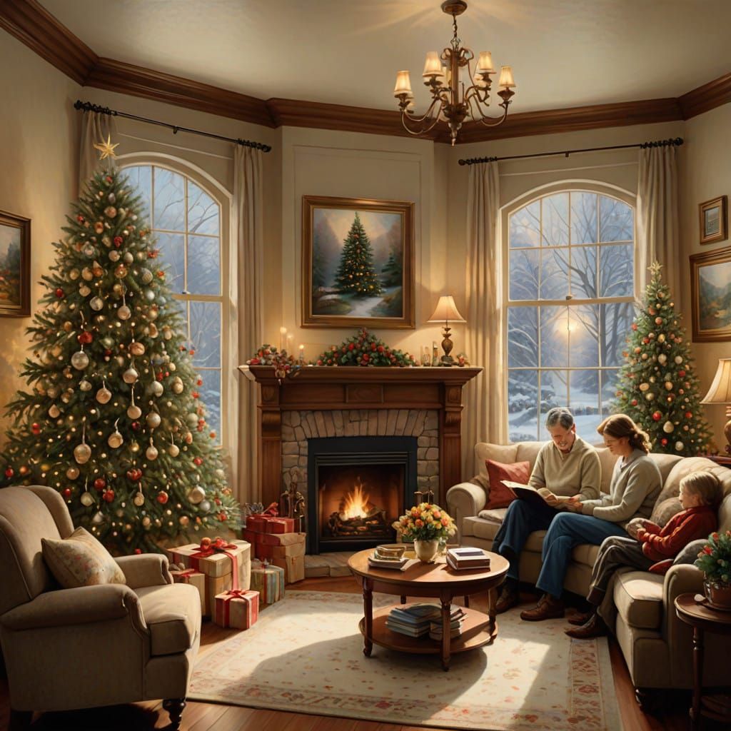 Surreal Winter Wonderland Oil Painting with Cozy Family Scen...