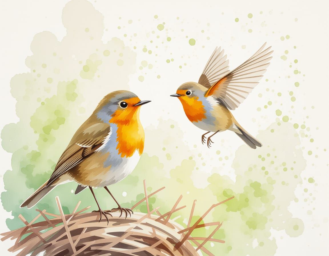 Proud Robin's First Flight: Expressive Watercolor