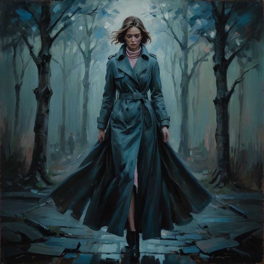 Woman in Trenchcoat: Impressionist Pastel Painting