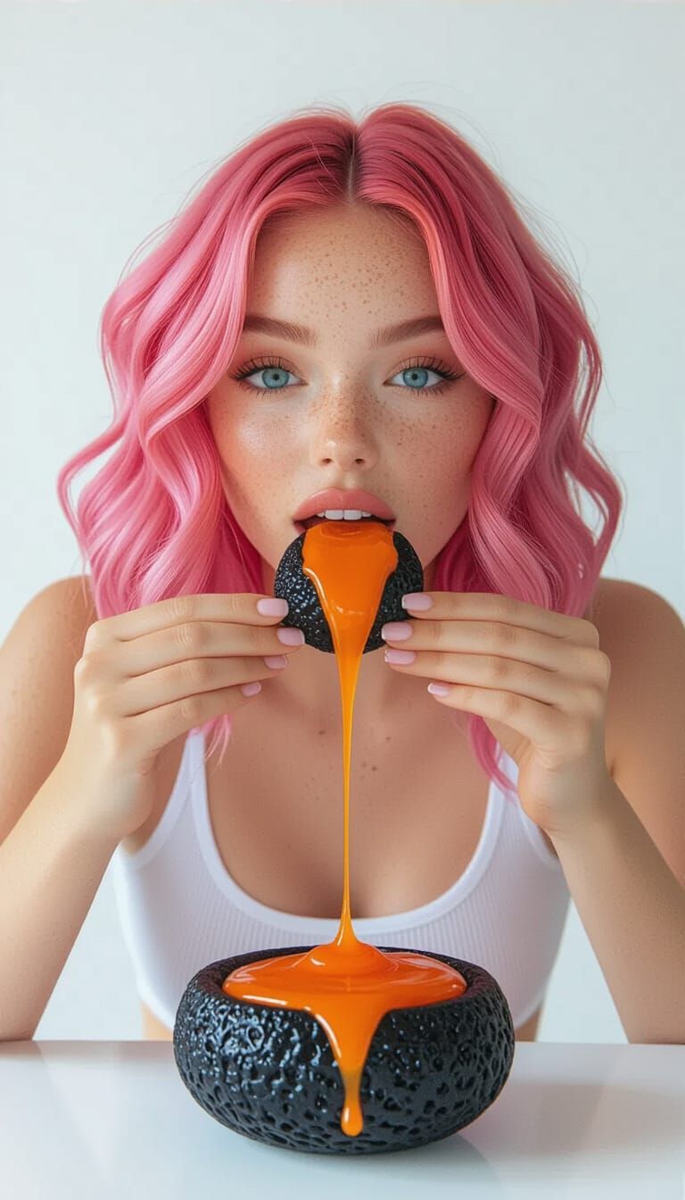 Woman Biting Lava Stone with Oozing Gel