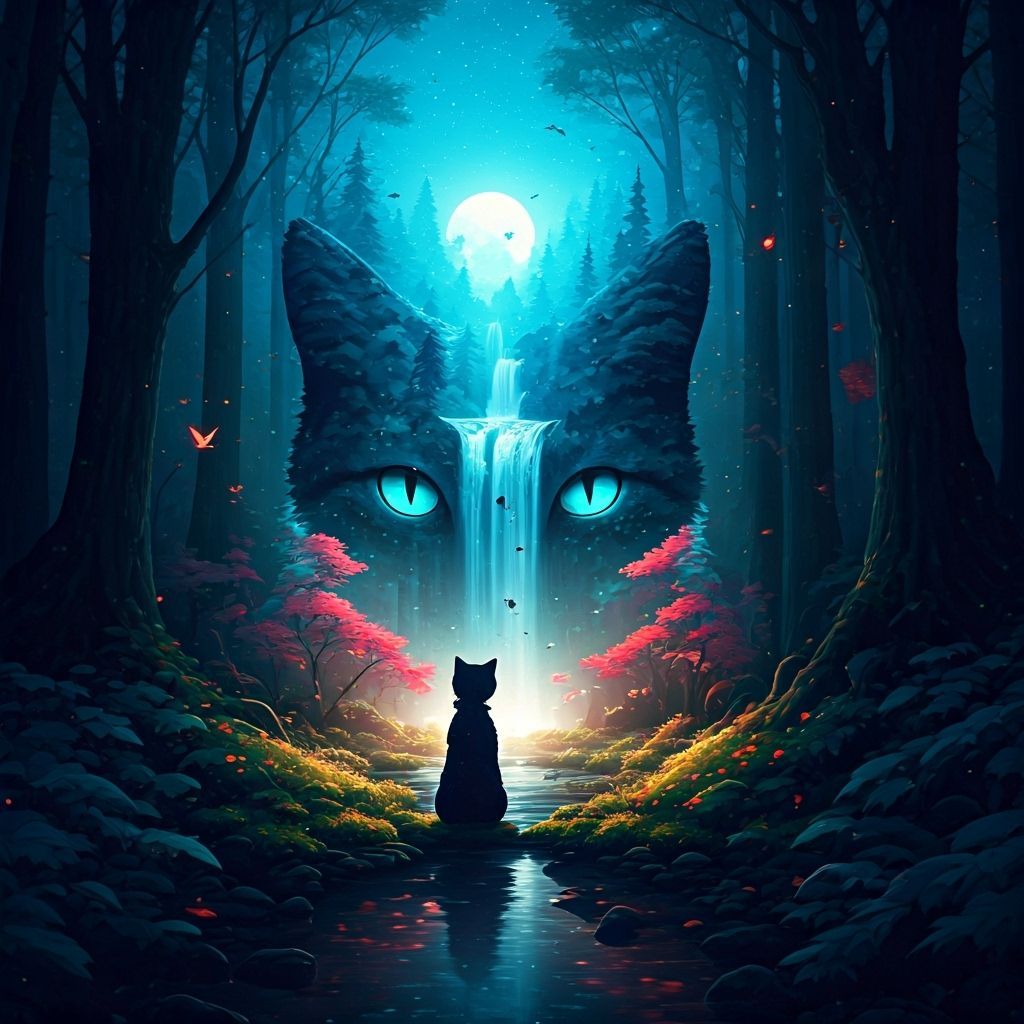 Mystical Cat Silhouette with Enchanted Forest Landscape