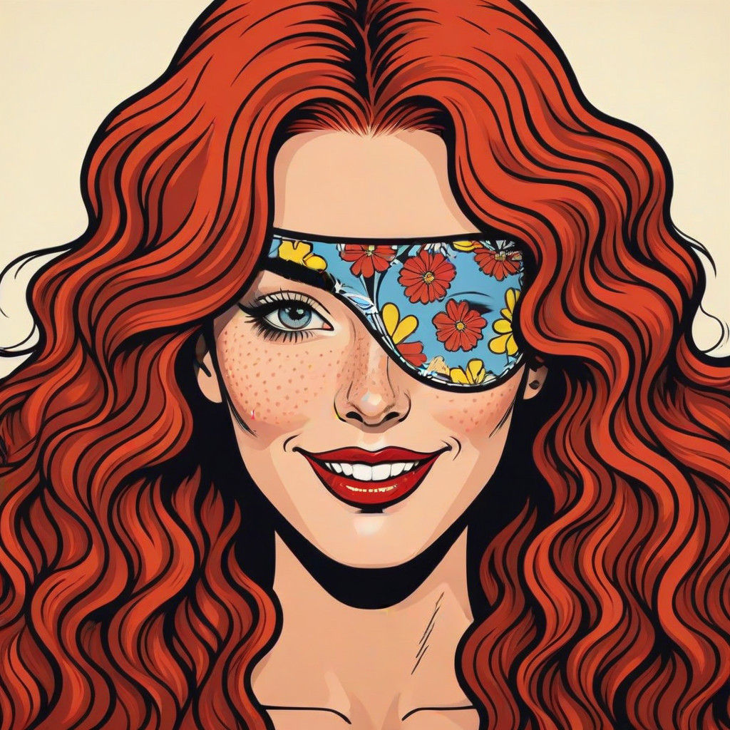 Elegant Pop Art Portrait of Redhaired Woman in Flower Eyepat...