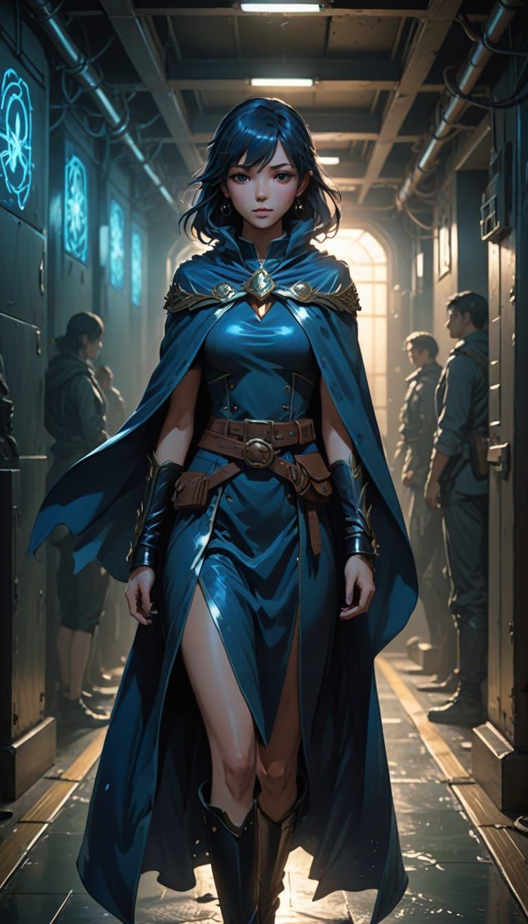 Female Commander Stands Tall in Dim Ship Corridor, Anime Sty...