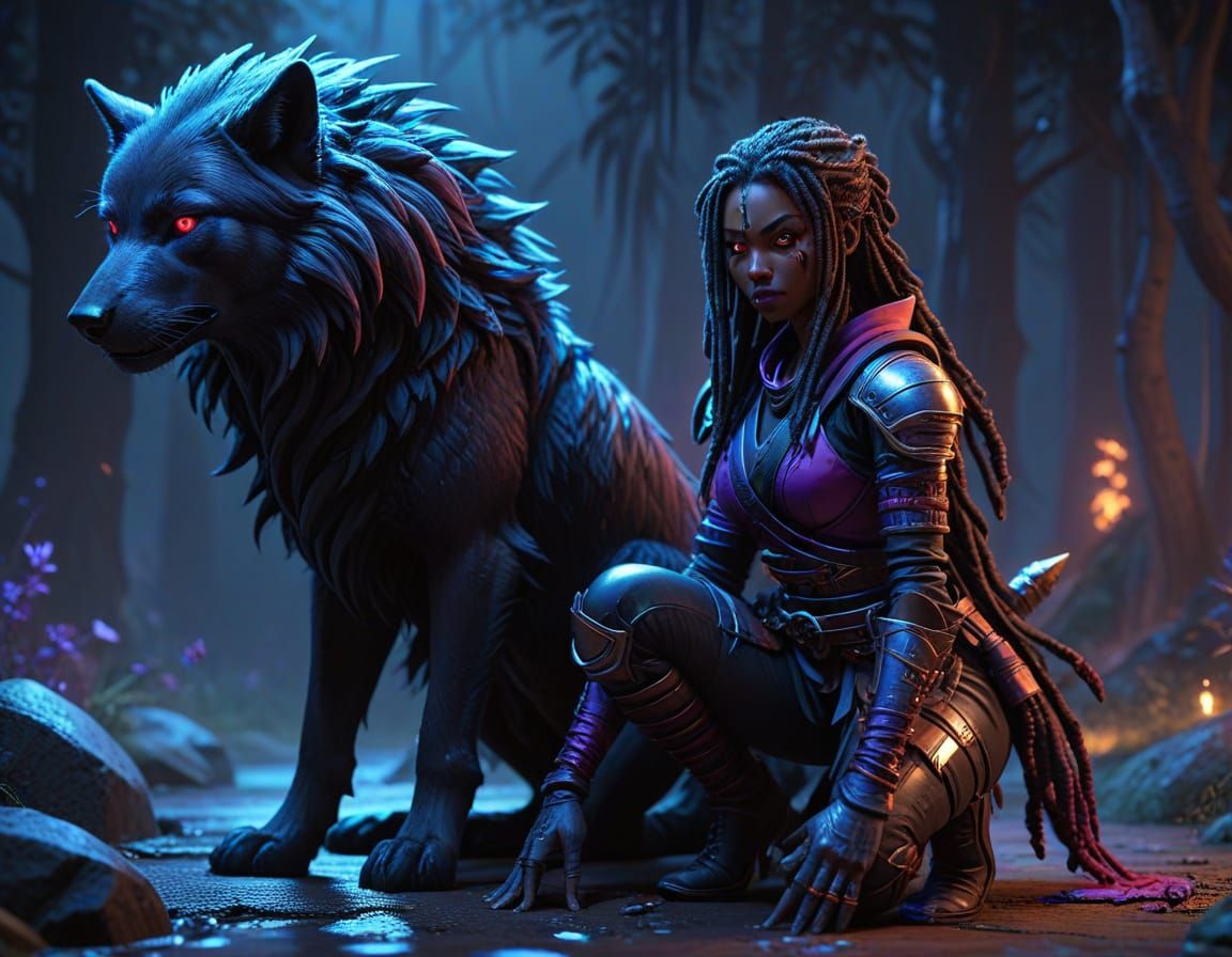 Dark-Skinned Ninja Woman and Black Wolf in Cel-Shaded Anime ...