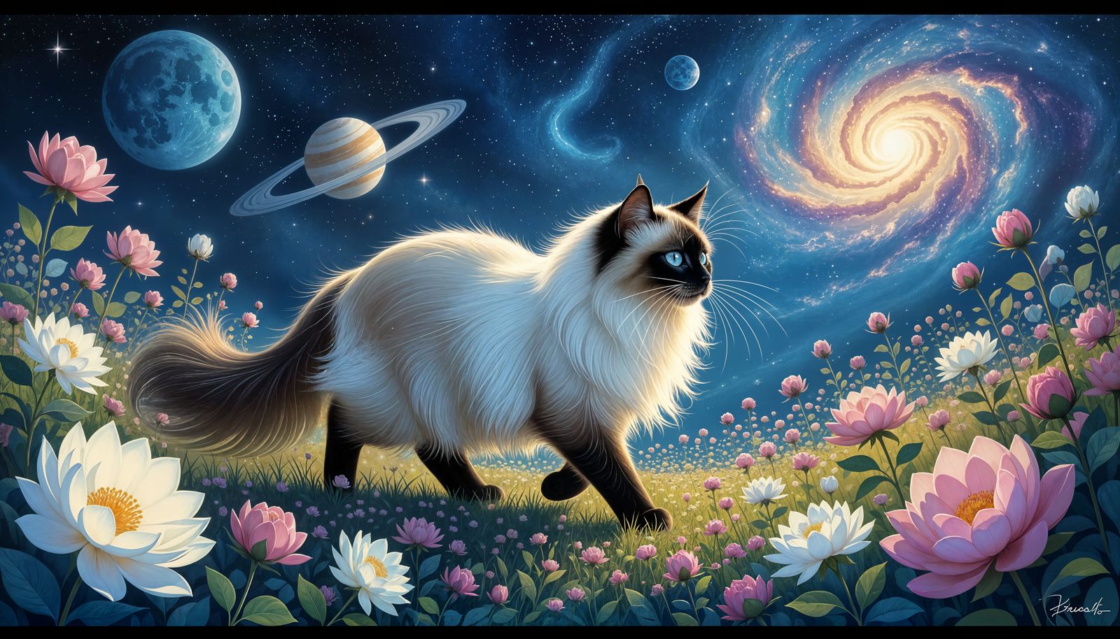 Ethereal Siamese Cat in Cosmic Garden