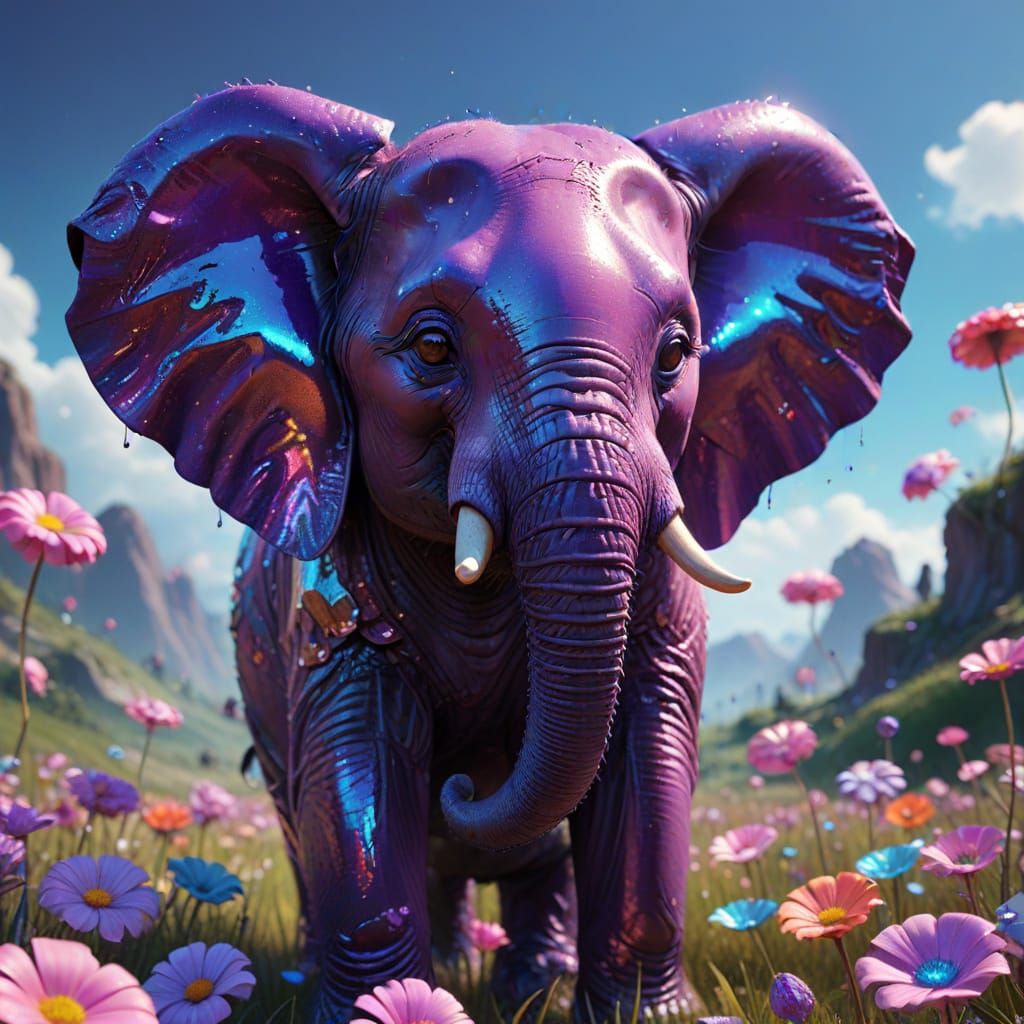 Psychedelic Baby Elephant in Candyland: Hyper-Realistic Port...
