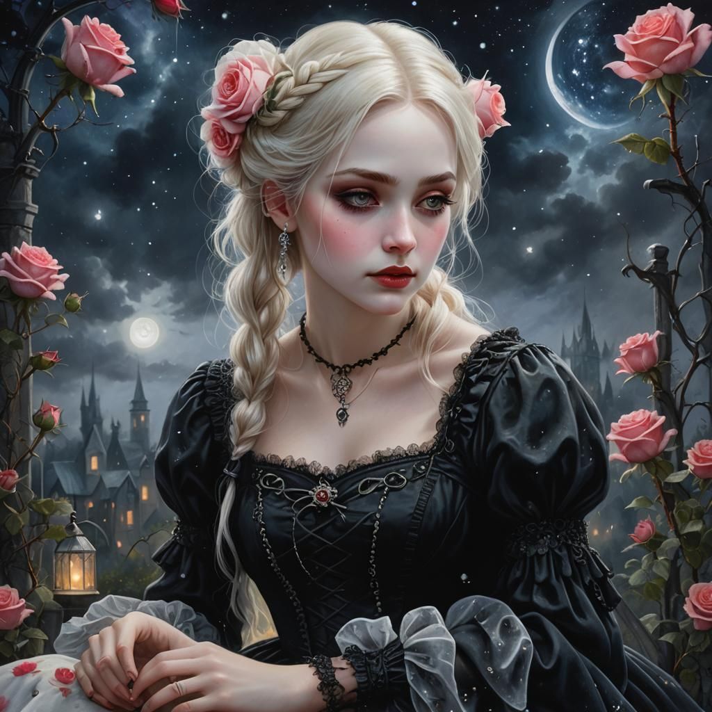 Gothic Girl Under Rose in Dreamy Night Sky