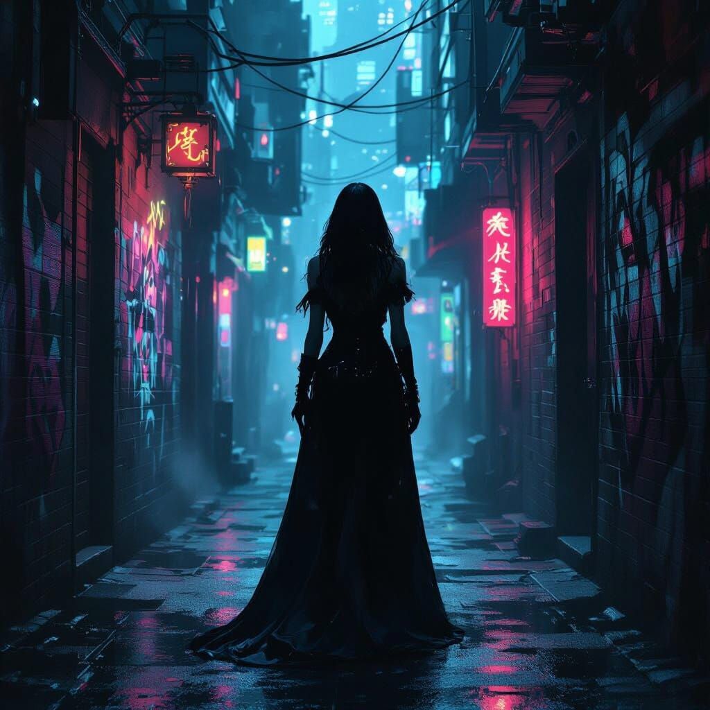 Mystical Woman in Noir Alleyway: Expressionist Digital Art