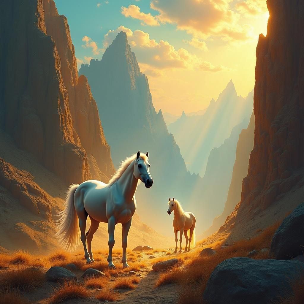 Majestic White Horse in Mountain Landscape