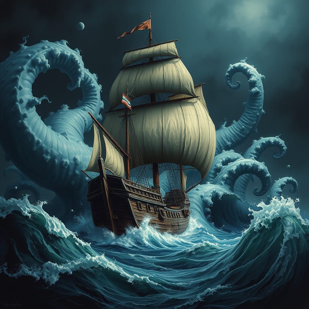Galleon Engulfed by Colossal Sea Tentacles in Dark Surrealis...