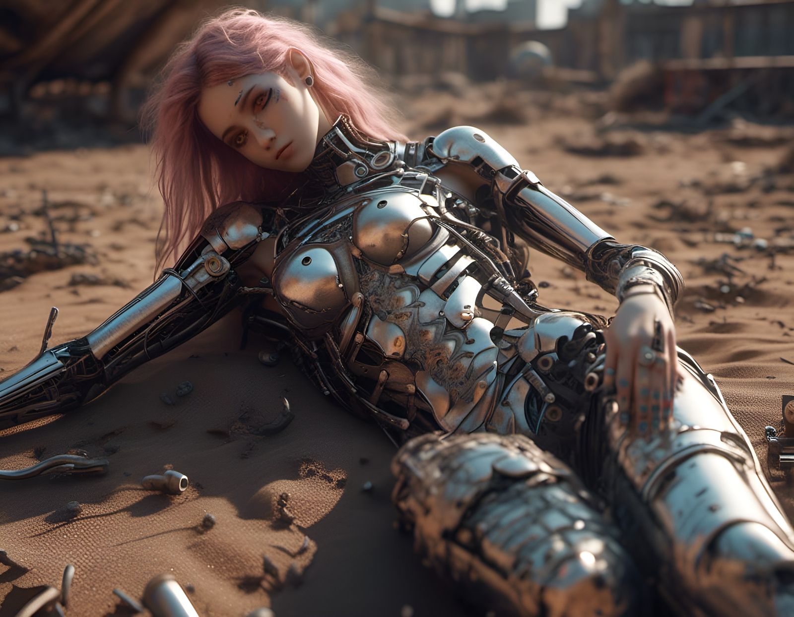 Battle Cyborg Girl in Desert Wasteland: Hyperrealism