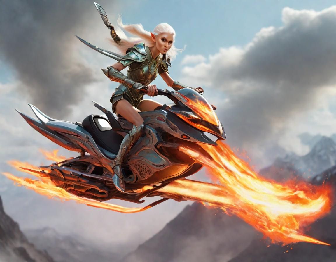 Elf Warrior Rides Hoverbike with Flaming Sword