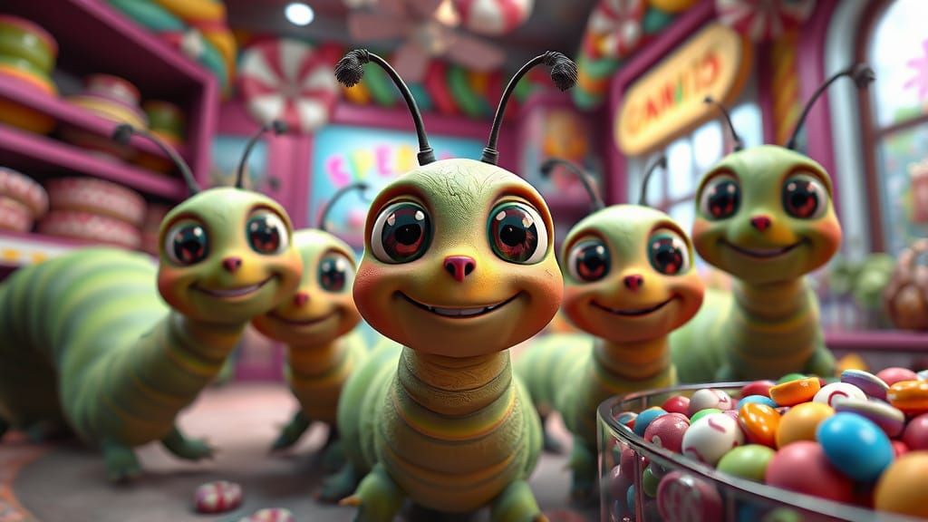 Cartoon Caterpillars' Candy Shop Adventure in 3D
