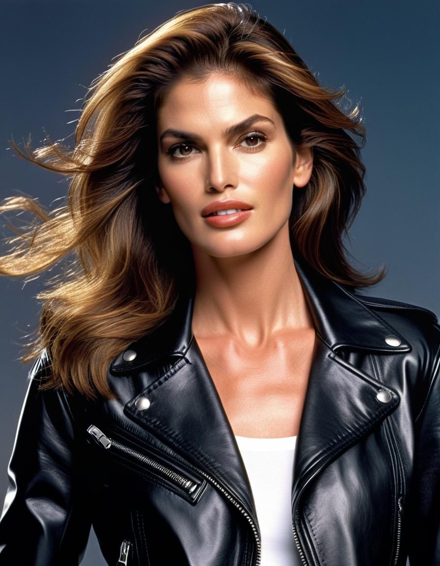 Cindy Crawford in 90s Leather, Hyperrealistic 8k