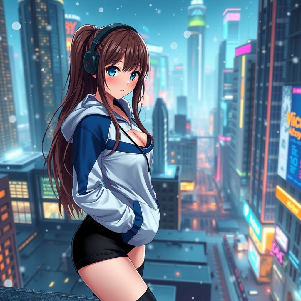 Anime Girl on Futuristic Rooftop in 8k