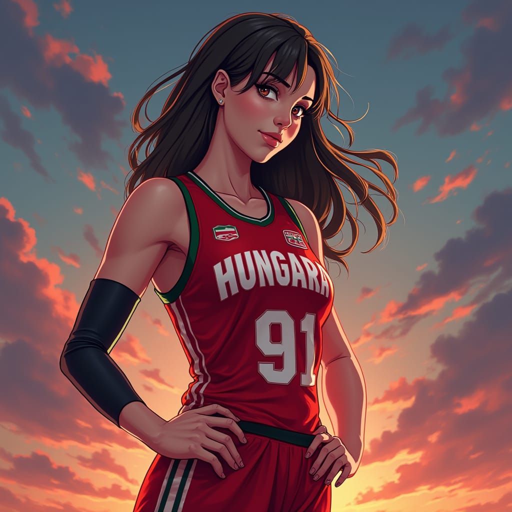 Hungarian Woman in Basketball Jersey, Anime Style