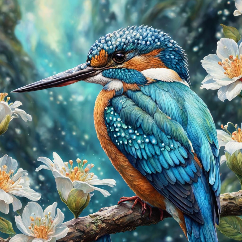 Hyper-Realistic Kingfisher Amidst White Pastel Blooms in Wat...