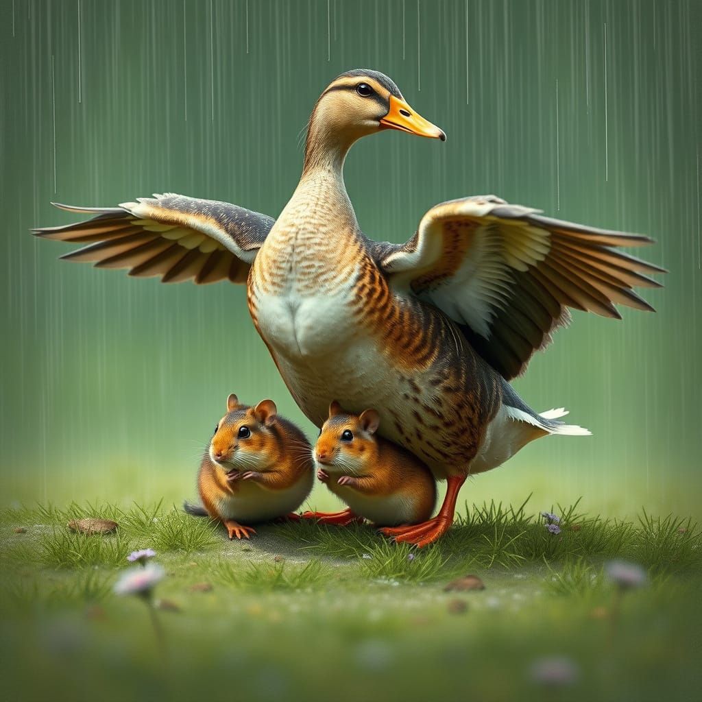 Duck Shelters Mice from Rain in Heartwarming Scene