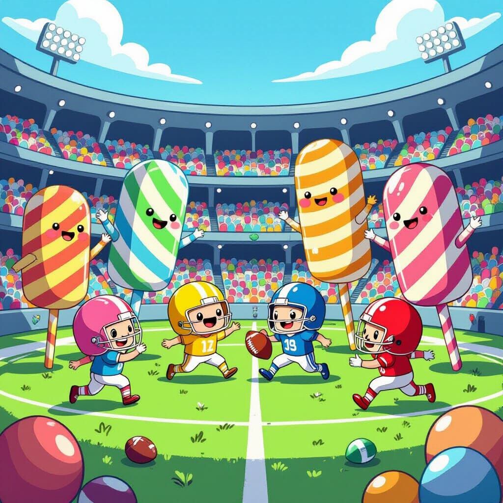 Energetic Jelly Beans Football Game in Ghibli Style