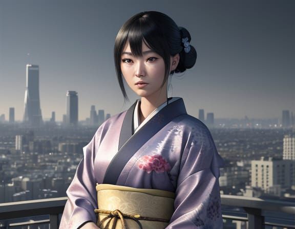 Surreal Cityscape Goddess in Exquisite Kimono
