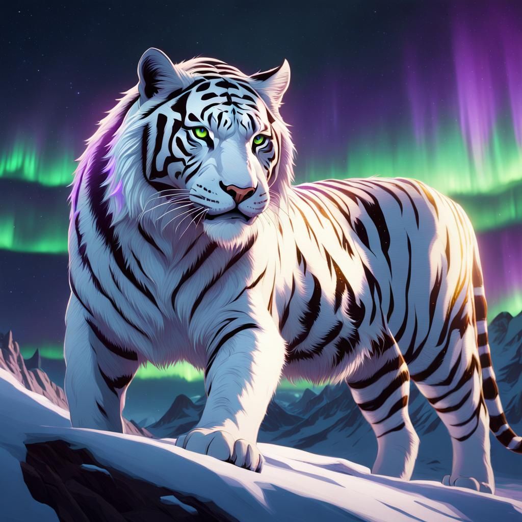 A white tiger looking with northern lights