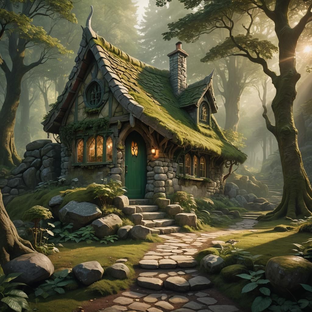 Enchanted Stone Elf Cottage in Forest Light
