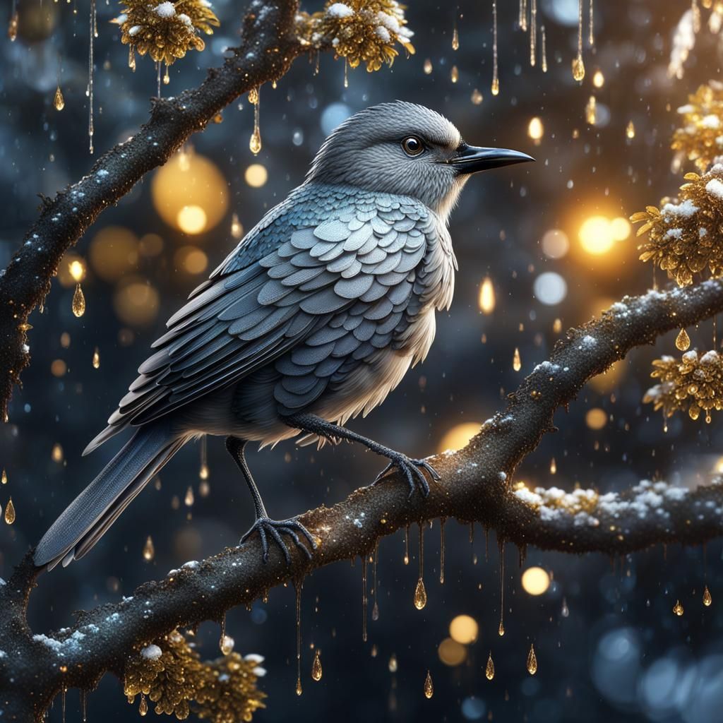 Glittering Bird in Fantastical Forest, Digital Matte Paintin...