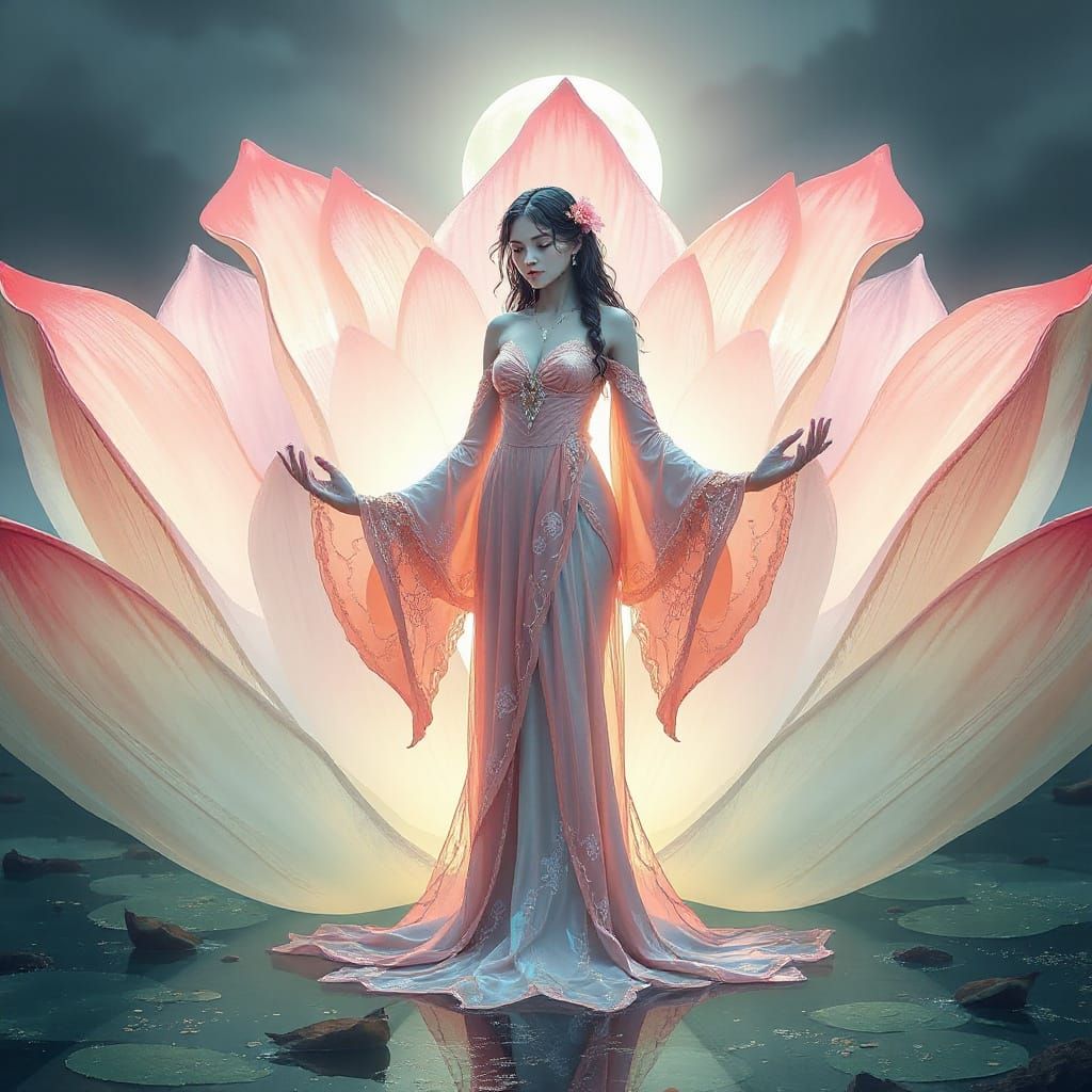 Luminous Lilyflower in Moonlit Water Garden