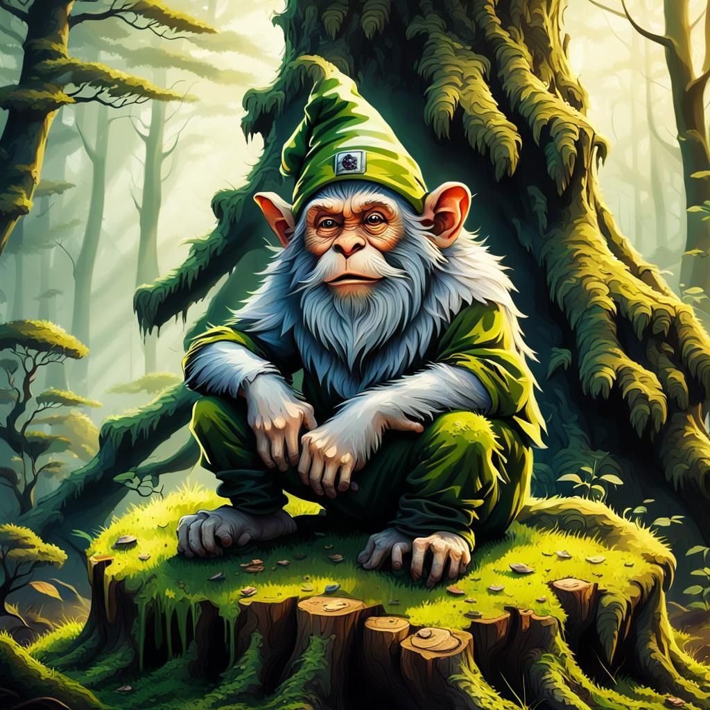 Gnome Monkey Portrait in Misty Forest