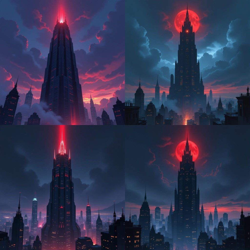 Futuristic Vampiric Skyscraper with Glowing Red Top