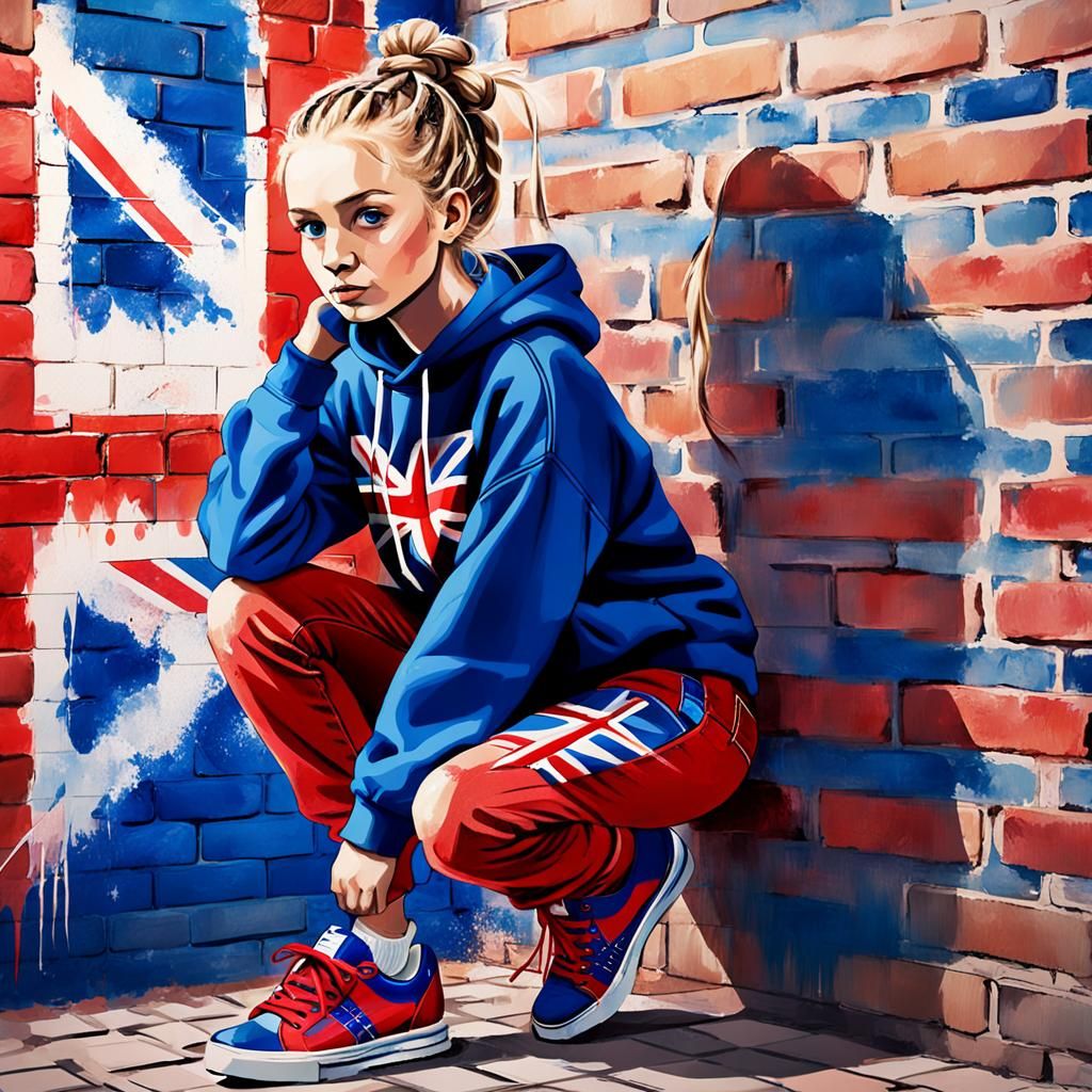 British Woman in Airbrush Style Leaning on Brick Wall