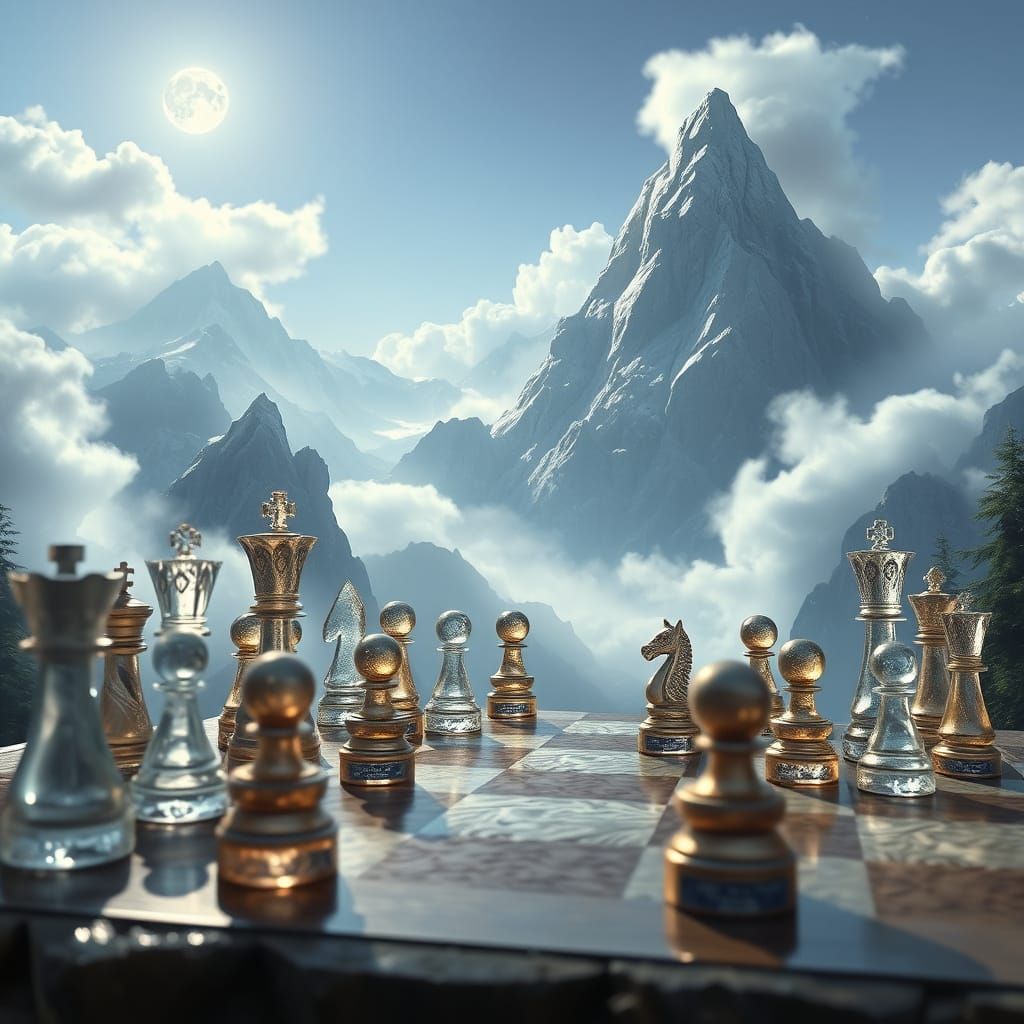Whimsical Chessboard Amidst Enchanted Mountains