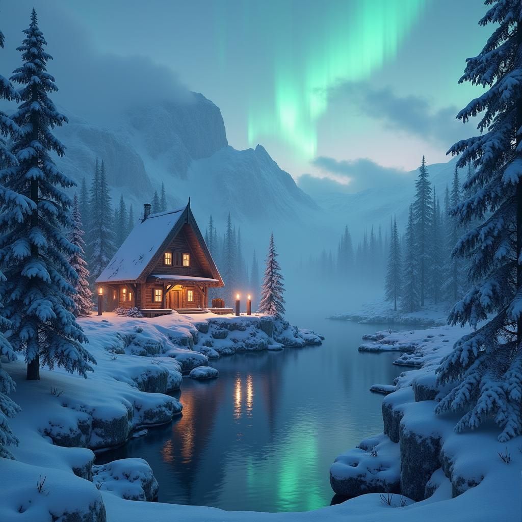 Aurora-Lit Nordic Landscape in Fantasy Game Style