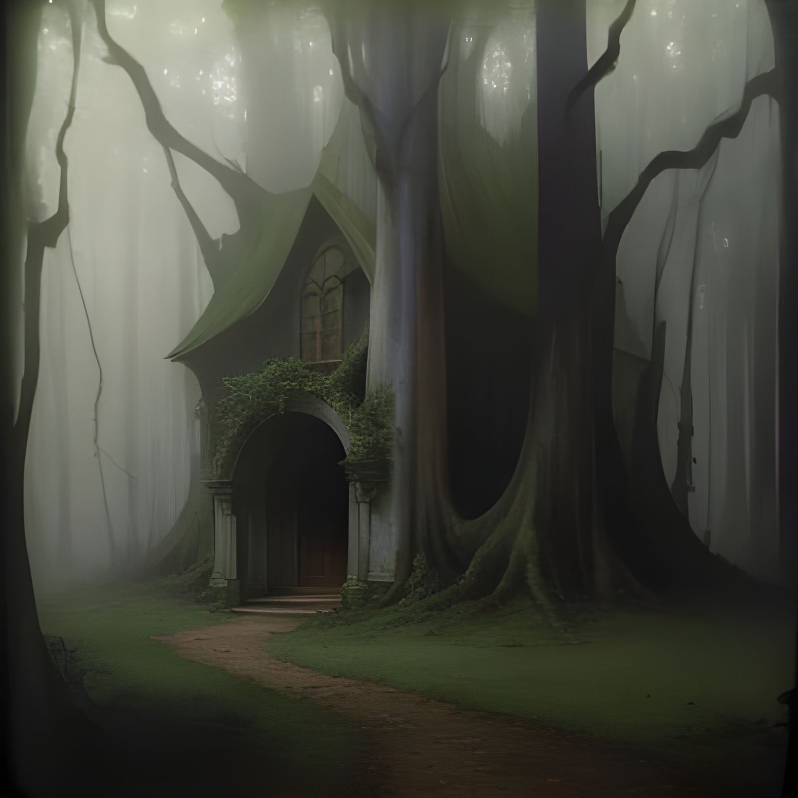 Mystical Forest Treehouse in Vintage Watercolor Style