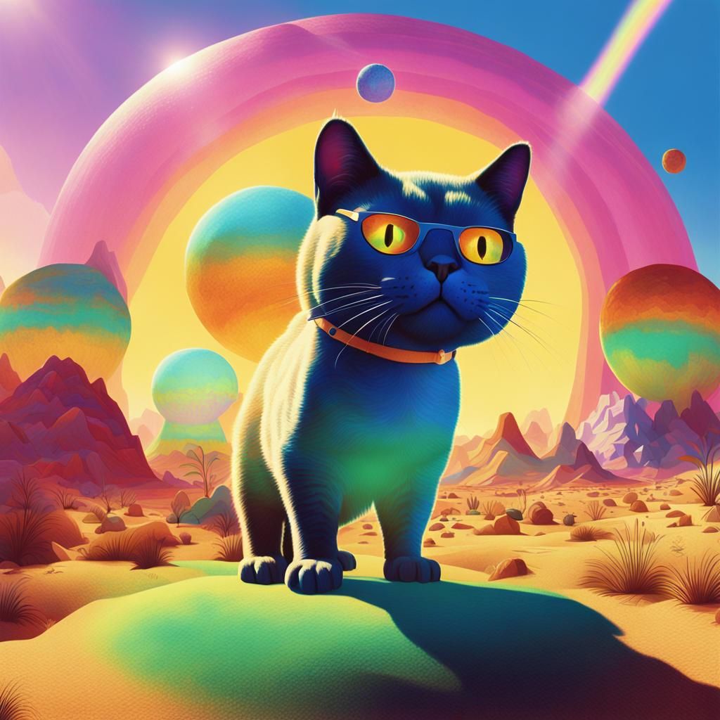 Hypermodern Cat in Prehistoric Landscape, Filmic Photoillust...