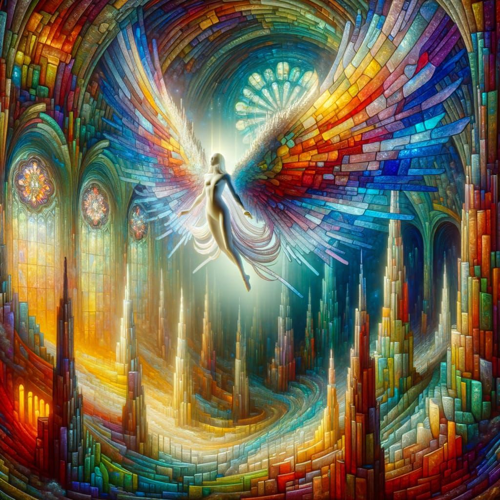 Ethereal Stained Glass Angel in Surreal Cathedral