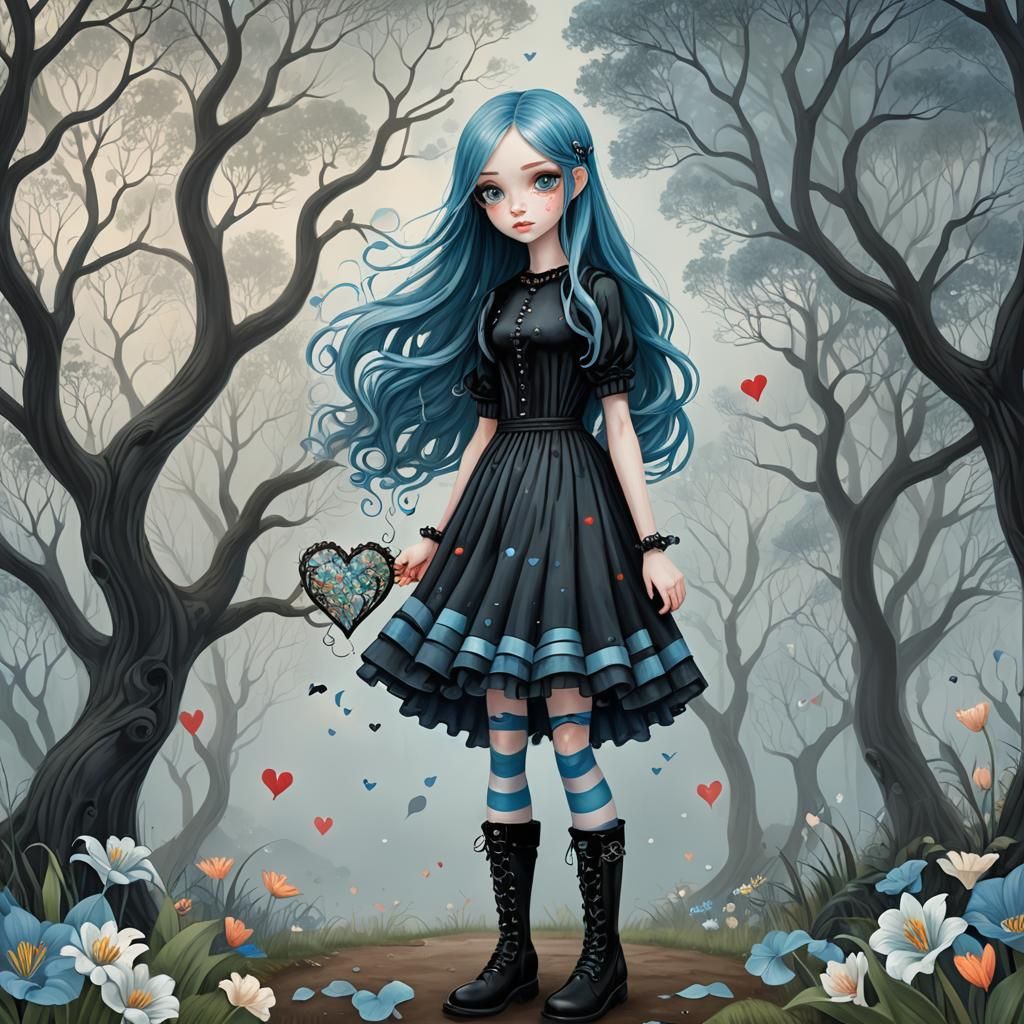 Girl with Blue Hair Holding Heart in Dreamy Scene
