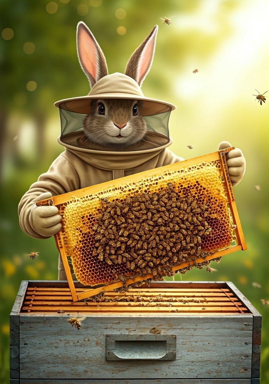 Whimsical Rabbit Beekeeper Displays Golden Honeycomb with Fu...