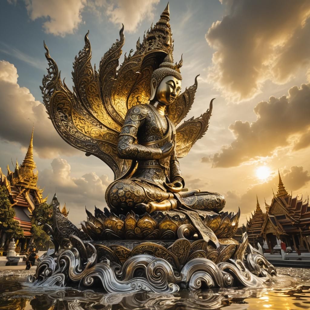 Iron Armor Buddha Statue with Thai Patterns in CG Style