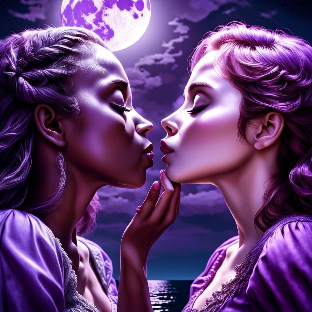 Romantic Kiss Under Moonlight in Hyperrealistic Style