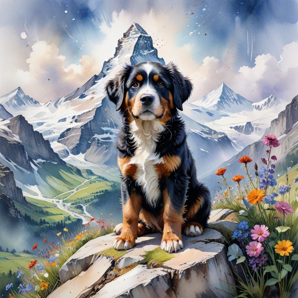 Bernese Mountain Dog Puppy in Alpine Landscape, Watercolour ...