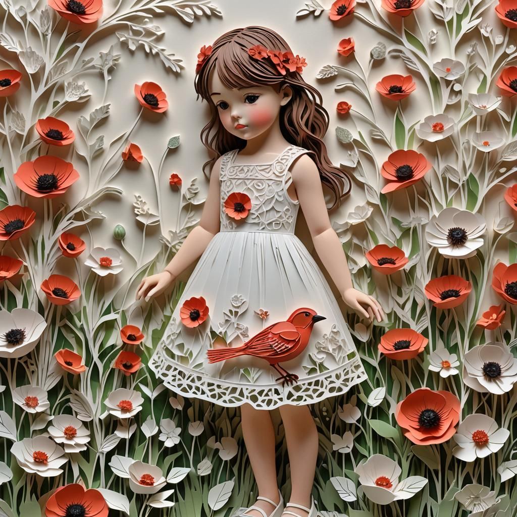Kirigami Poppy Garden with Girl and Bird