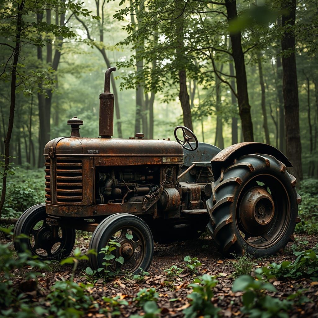Ancient Tractor in Vibrant Forest Landscape