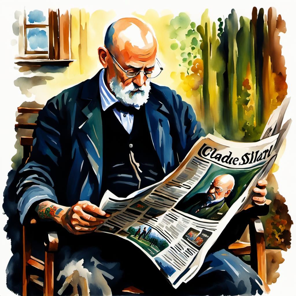 Man with Tattoo Reads Newspaper, Watercolor Style