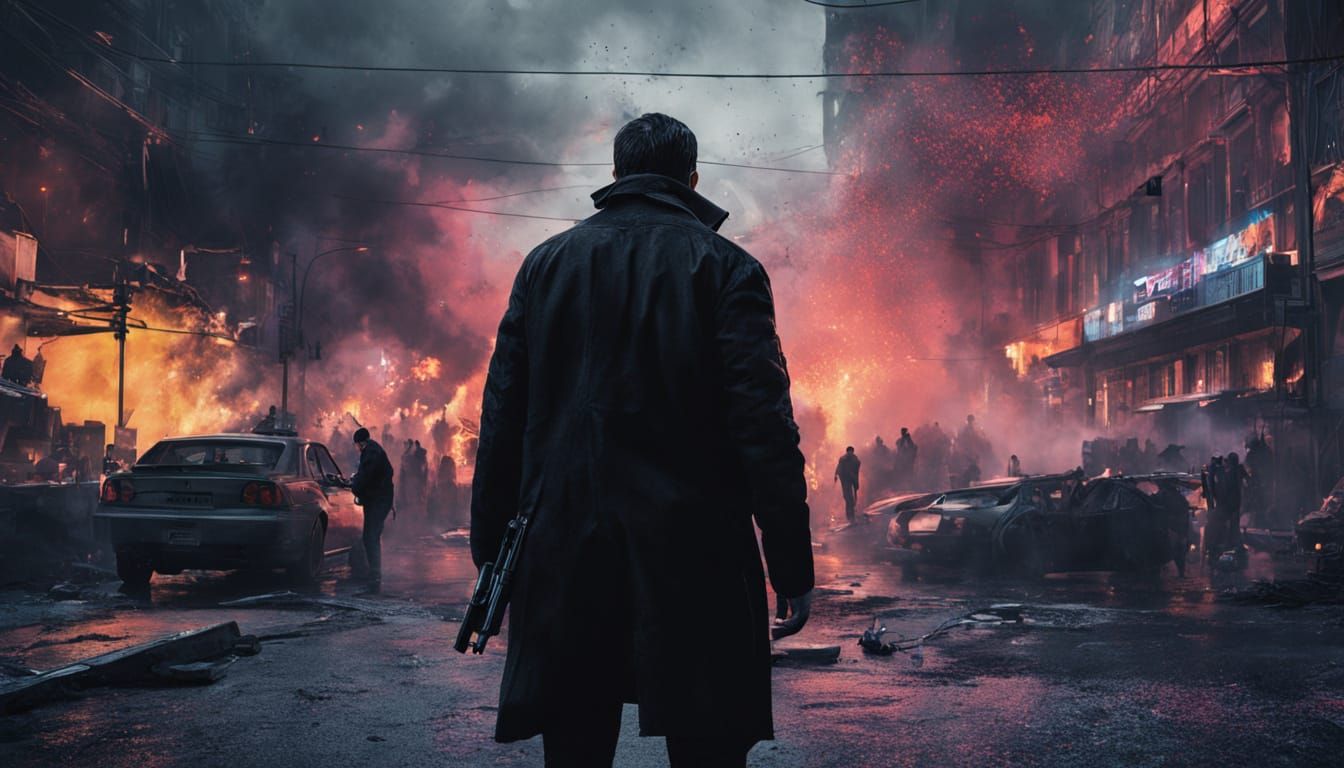 Gritty Assassin Poster in Neon-Lit Cityscape