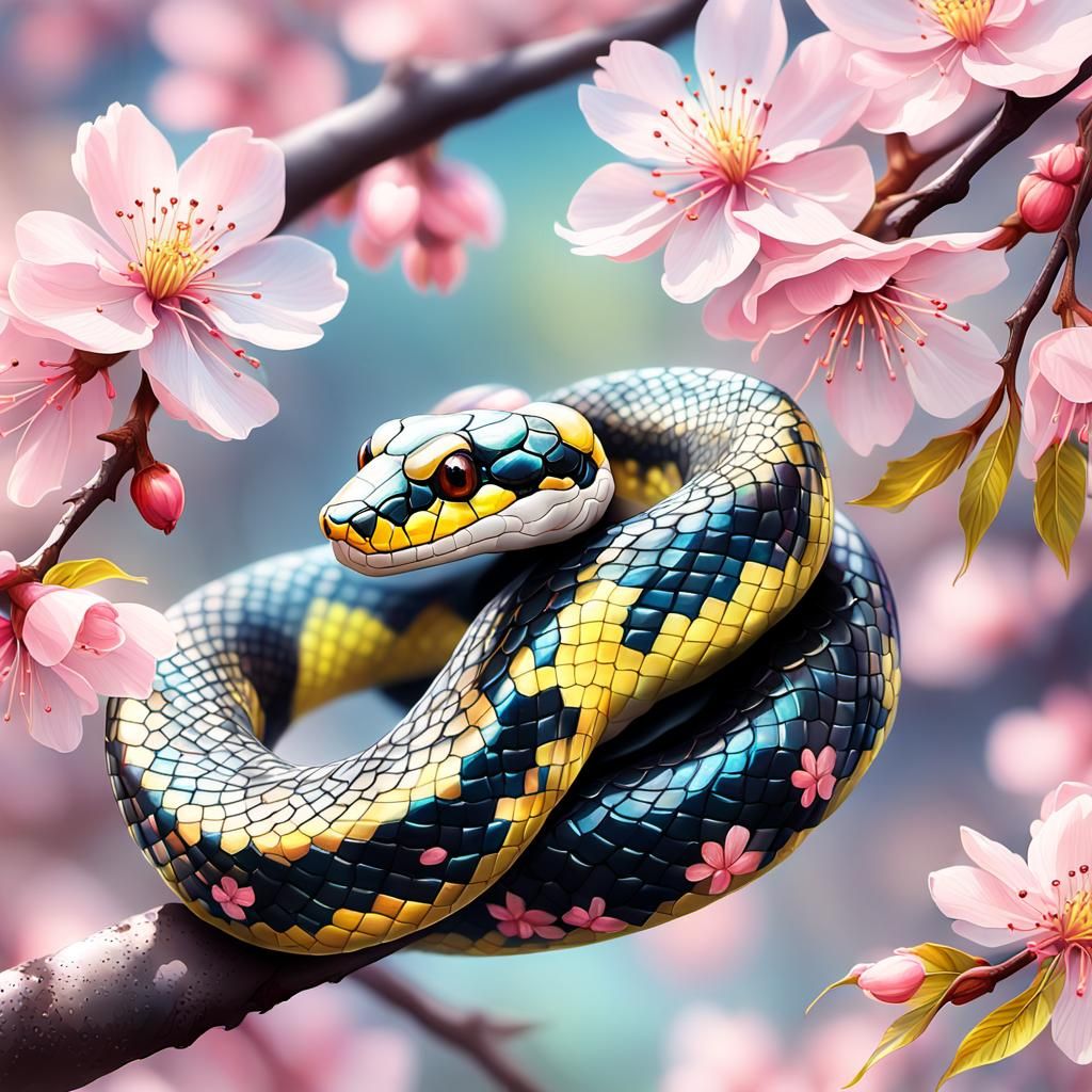Iridescent Snake Wrapped Around Cherry Blossom Branch