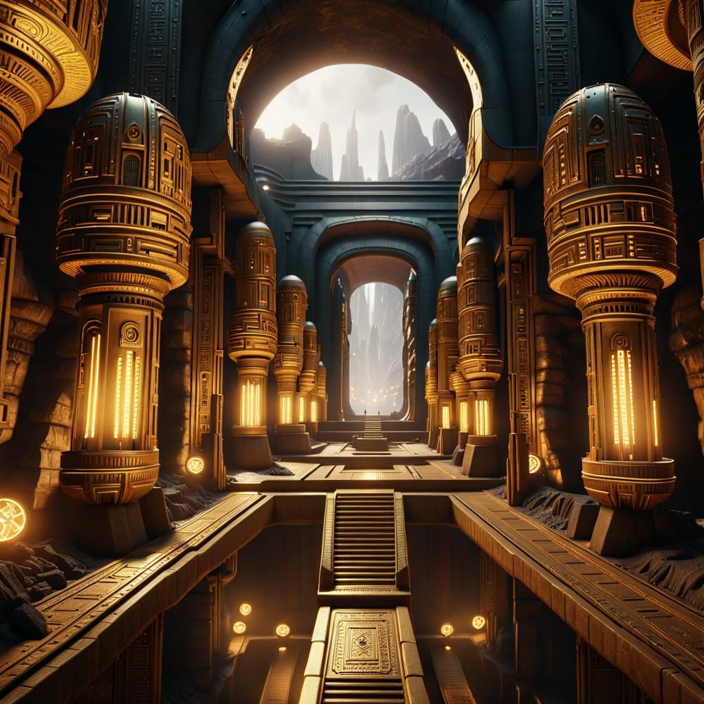 Ancient Underground City with Aztec and Cyberpunk Elements